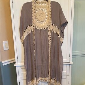 Rebellion Gray and Cream Crochet Accent sleeveless cardigan